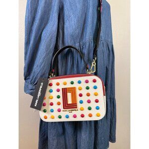NEW KARL LAGERFELD Simone Rainbow Studded Crossbody Bag White Premium Leather
